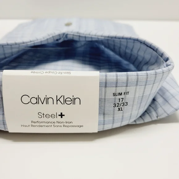 Calvin Klein STEEL+ Slim-Fit Non-Iron Stretch Blue Check Dress Shirt 17 32/33 XL - Picture 8 of 14